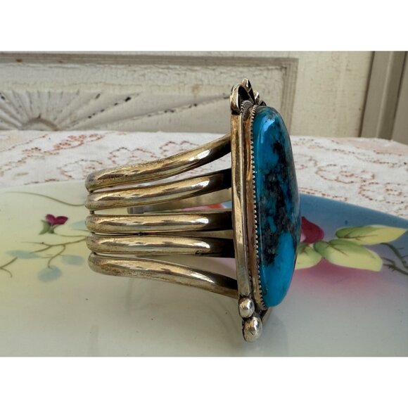 Vintage Ray Nez Heavy Large Blue Turquoise Sterling Cuff Bracelet - Picture 13 of 14